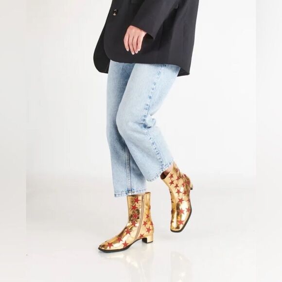 NWOB Jeffrey Campbell On-Mars Star Print Ankle Boots in Gold Red Glitter Sz 5.5 - Picture 4 of 13